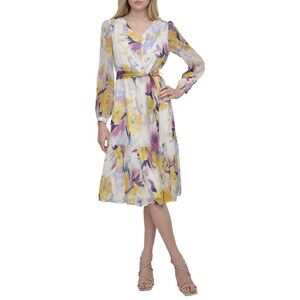 DKNY New Women’s Dress US 8 Fit Flare V Neck Chiffon Floral Tie Waist A-Line